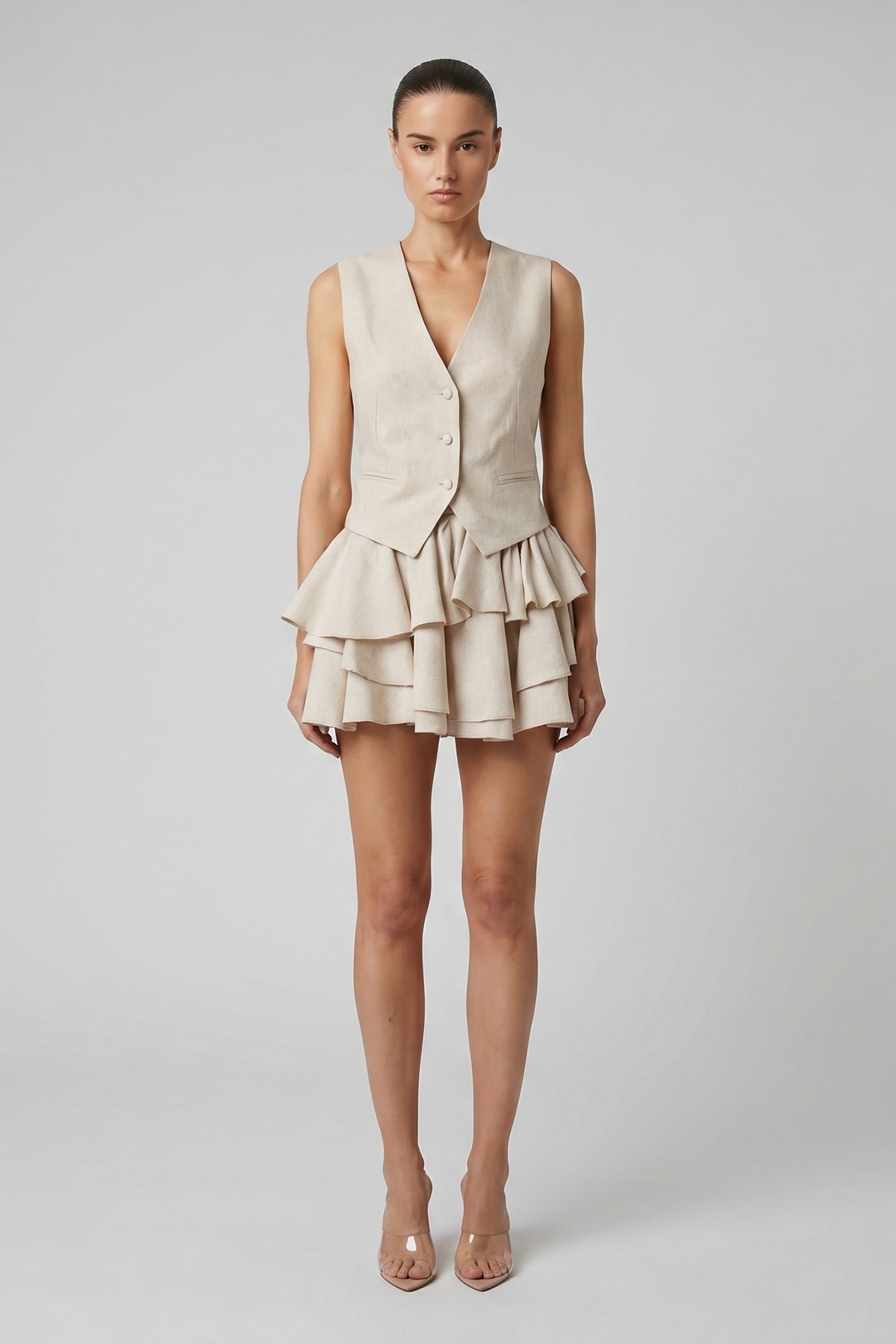Linen Set with Vest and Ruffle Skirt