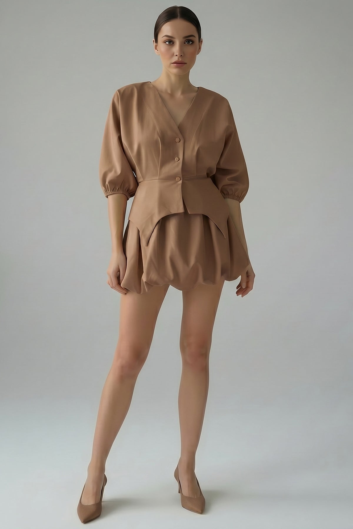 Light Brown set with structured top and balloon mini skirt
