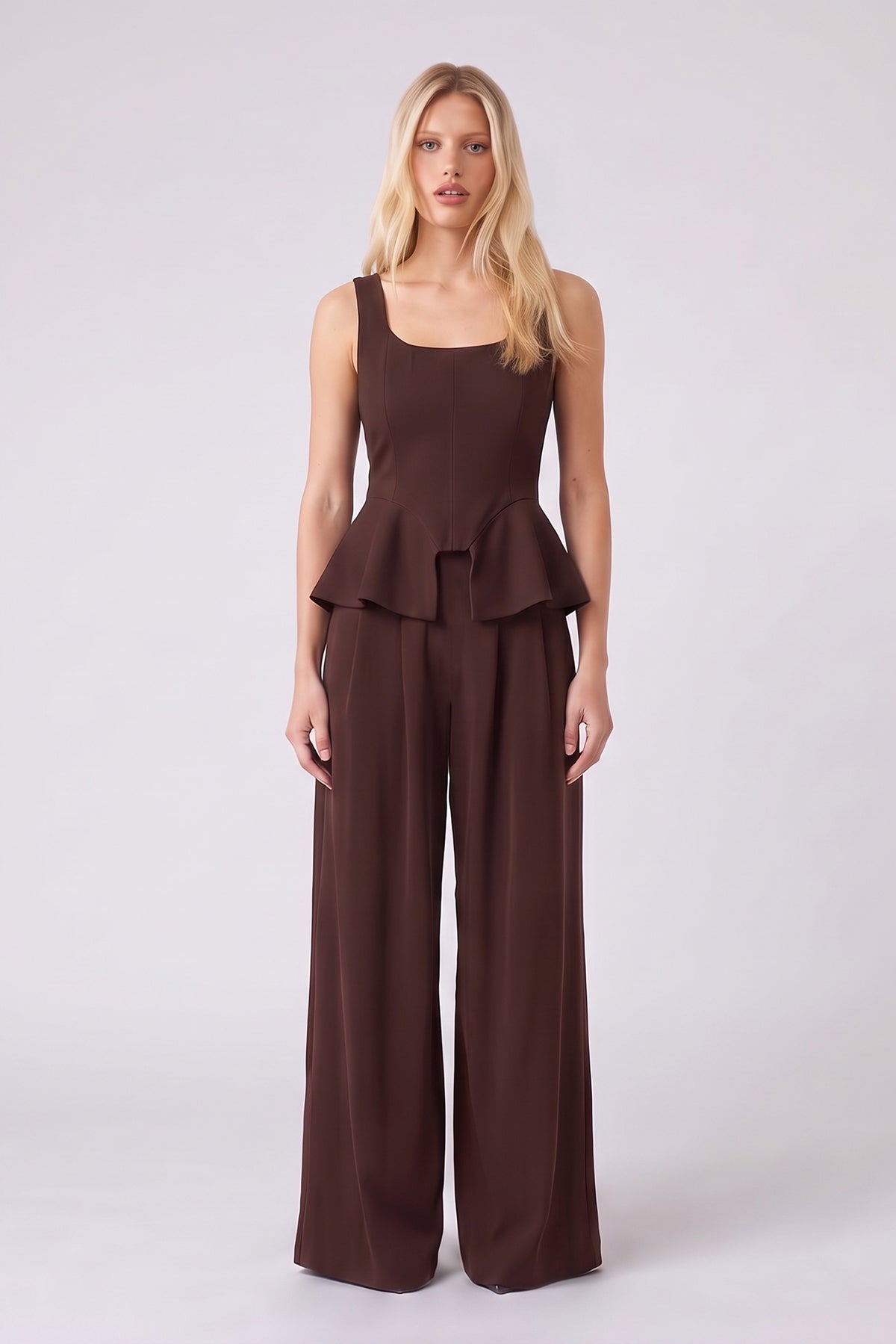 Chocolate Brown Peplum Corset & Wide Leg Pants Set