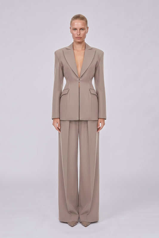 Beige Suit with Balloon Blazer and wide leg Trousers