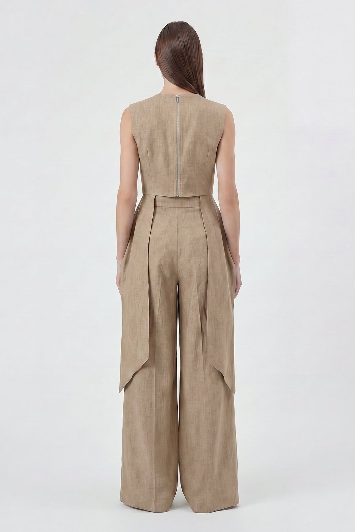 Set din in bej cu top peplum și pantaloni wide-leg