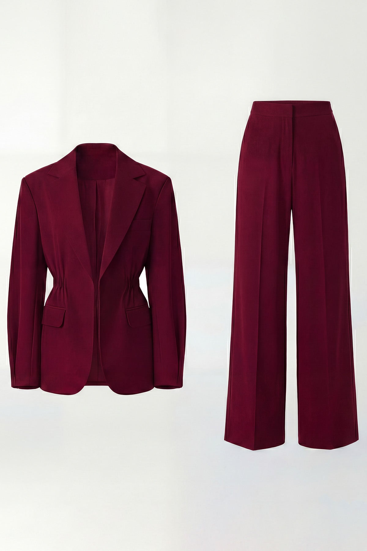 Dark Red Suit With Waist Accentuated Blazer And Wide-Leg Trousers