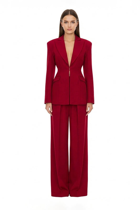 Dark red Suit with Balloon Blazer and Wide leg trousers