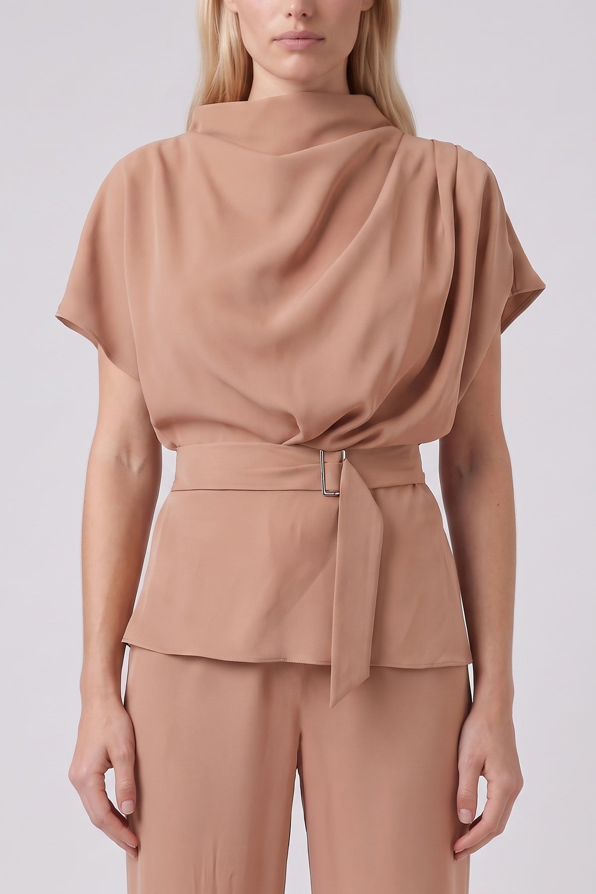 Beige Set with Draped Top, Defined Waist and Wide-Leg Trousers