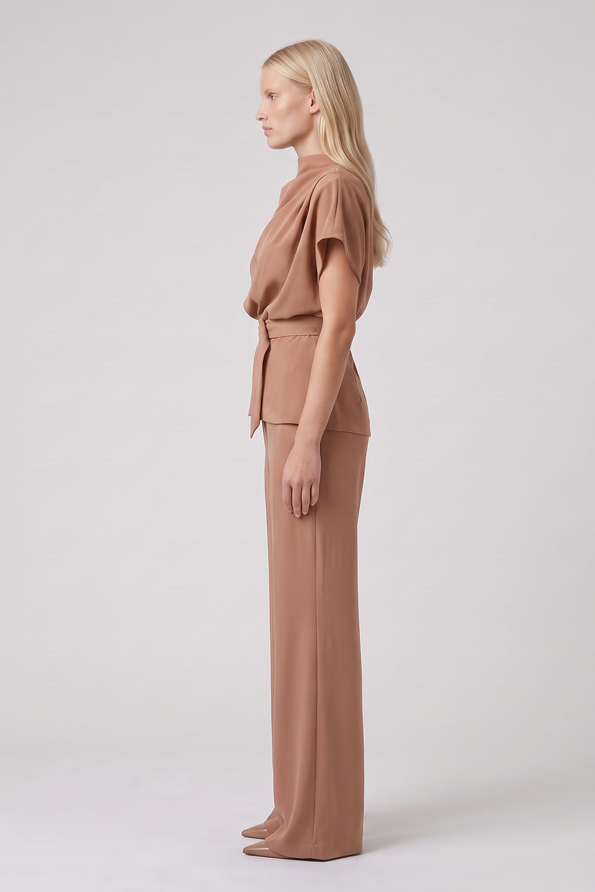 Beige Set with Draped Top, Defined Waist and Wide-Leg Trousers
