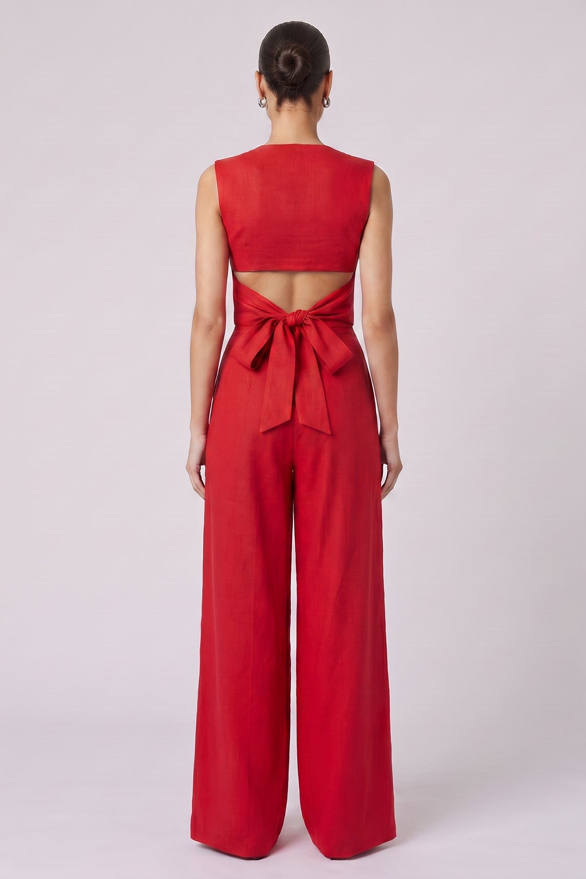 Red Linen Set with Fitted Vest and Wide-Leg Trousers