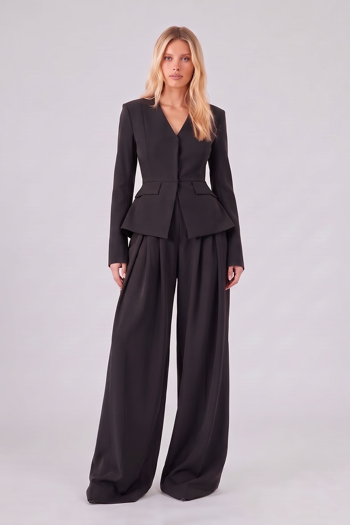 Black Set with Structured Peplum Blazer and Pleated Wide-Leg Trousers