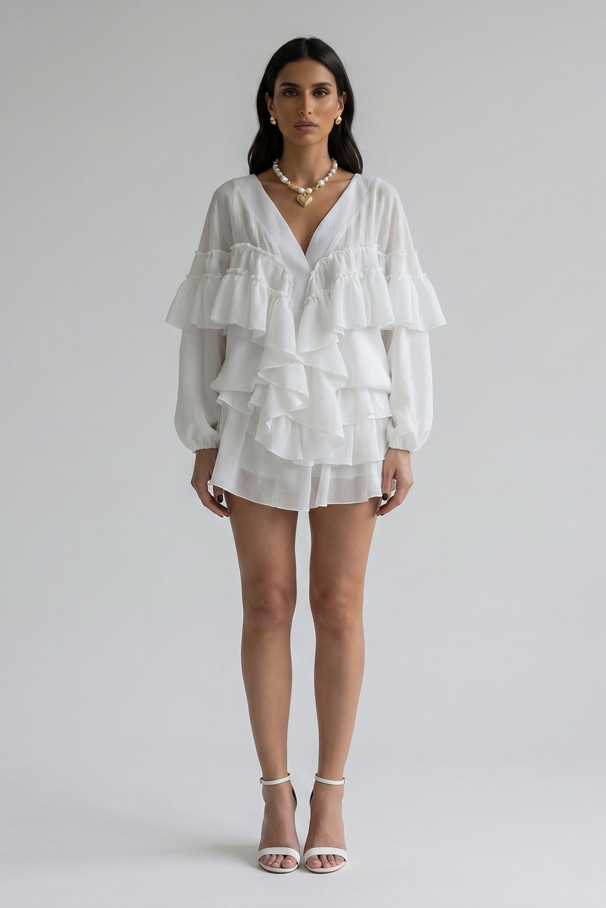 White crinkled fabric set with ruffles and skort