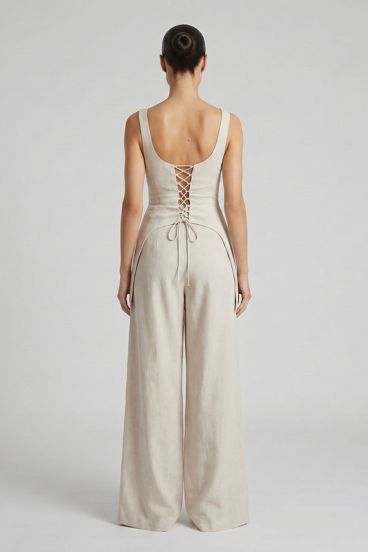 Ivory Linen Set with Corset and Wide-Leg Trousers