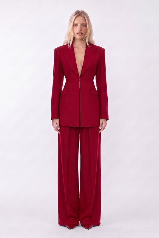 Dark red Suit with Balloon Blazer and Wide leg trousers