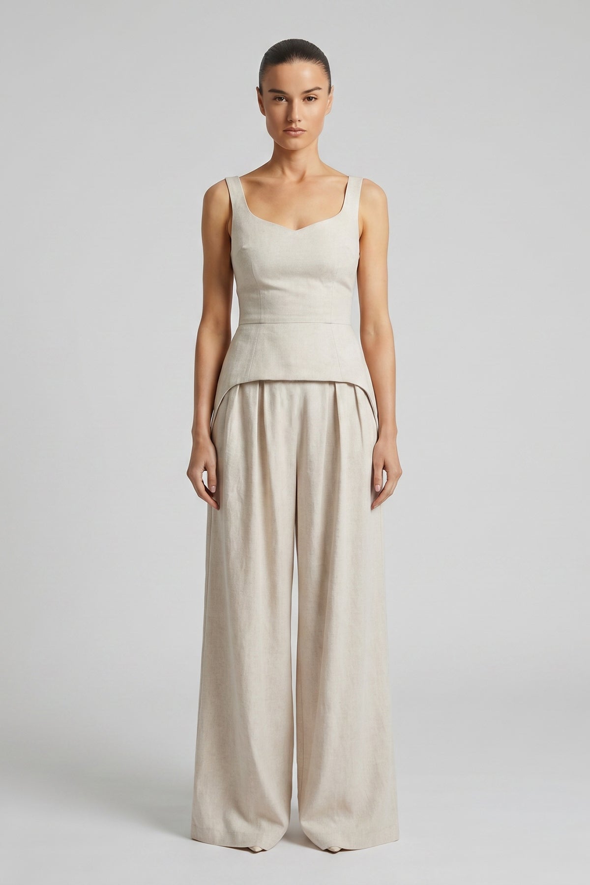 Ivory Linen Set with Corset and Wide-Leg Trousers