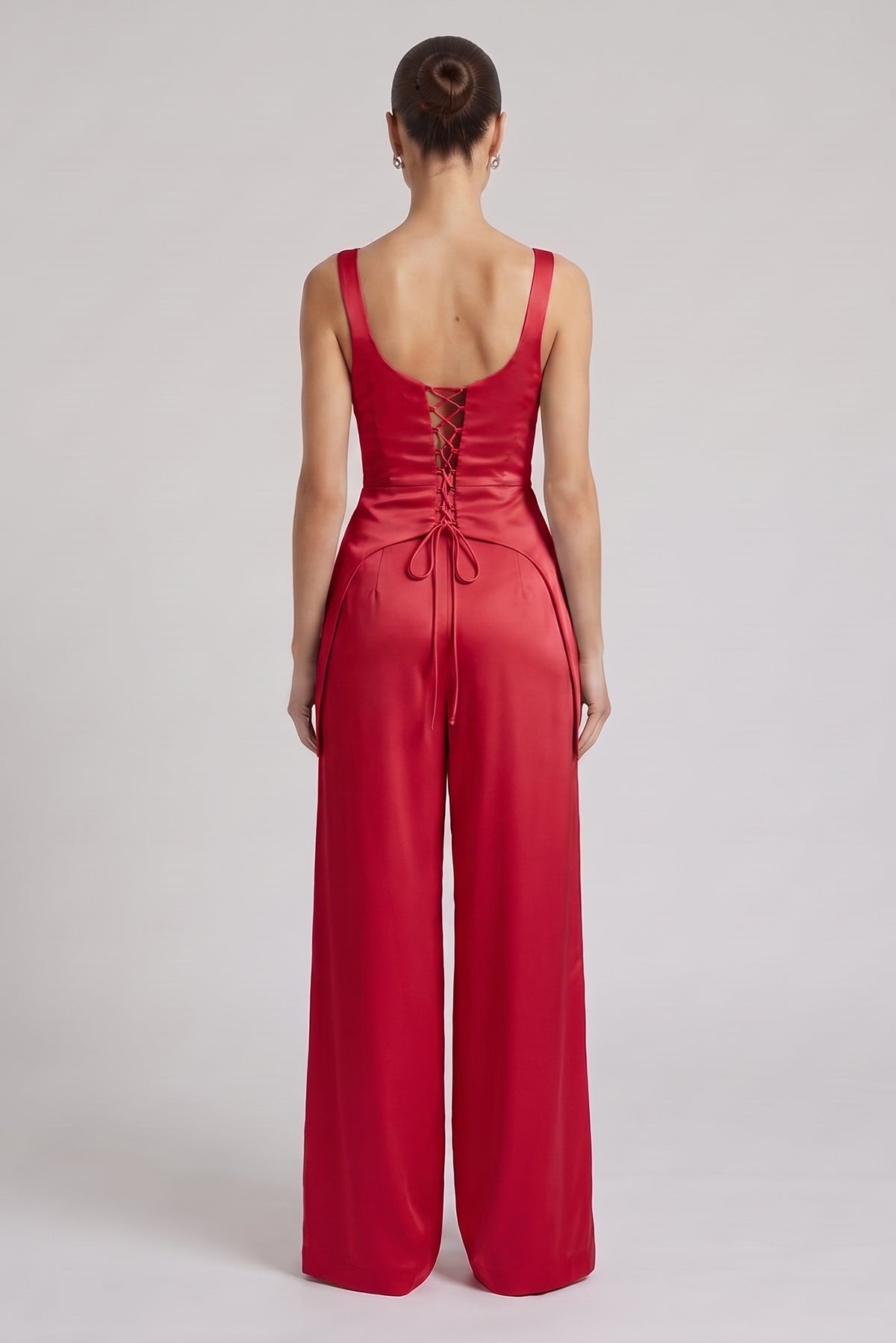 Red Elegant Satin Set with Corset and Wide-Leg Trousers