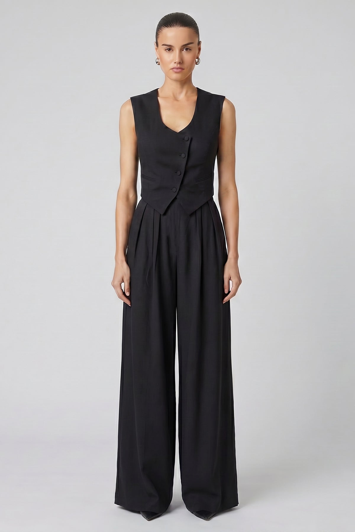 Set din in negru cu vestă cambrată și pantaloni wide-leg