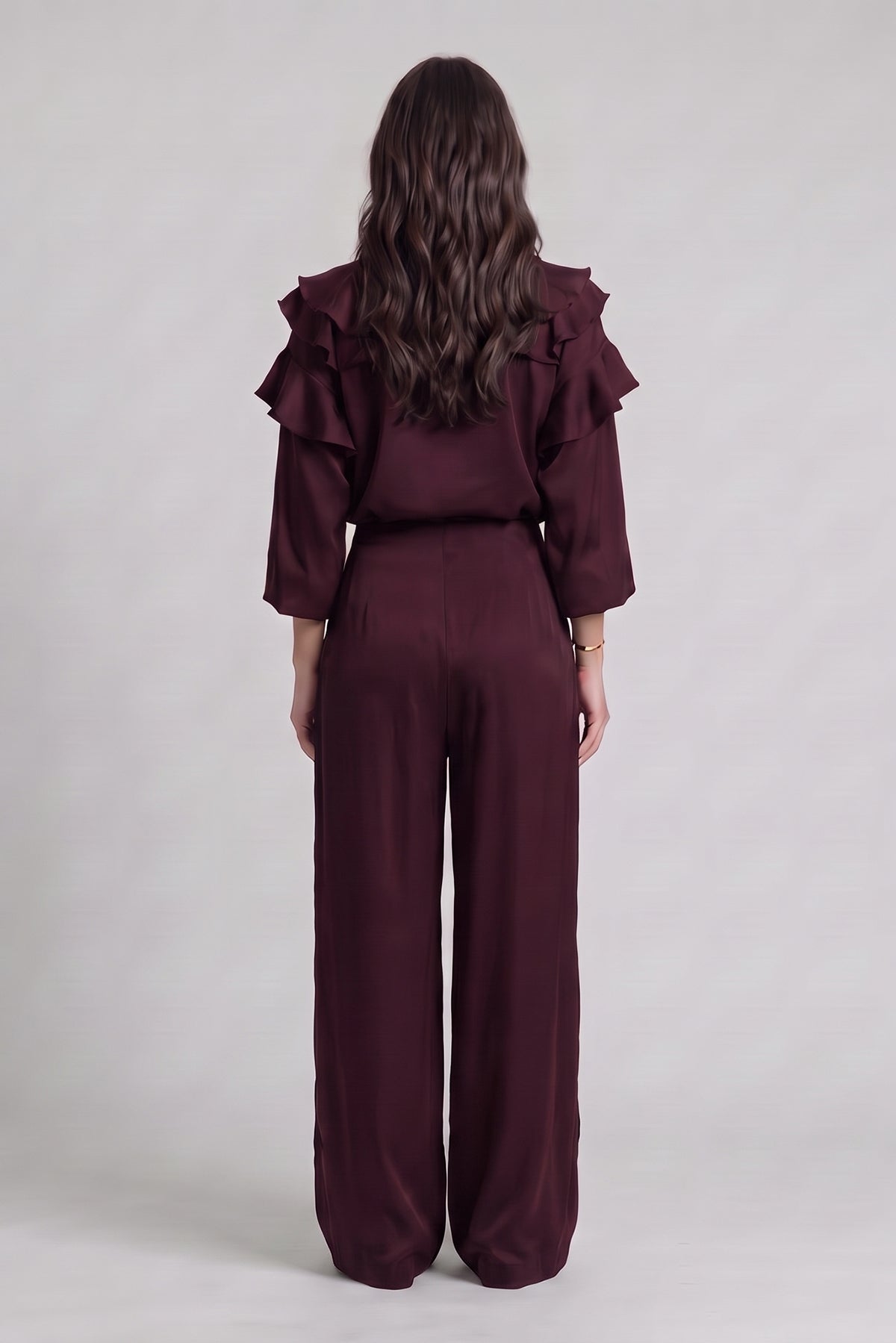Set fluid cu bluză cu volane din vâscoză  – Burgundy