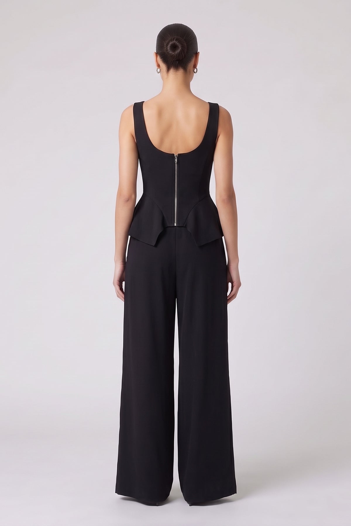 Set Negru cu Corset Peplum și Pantaloni Wide Leg