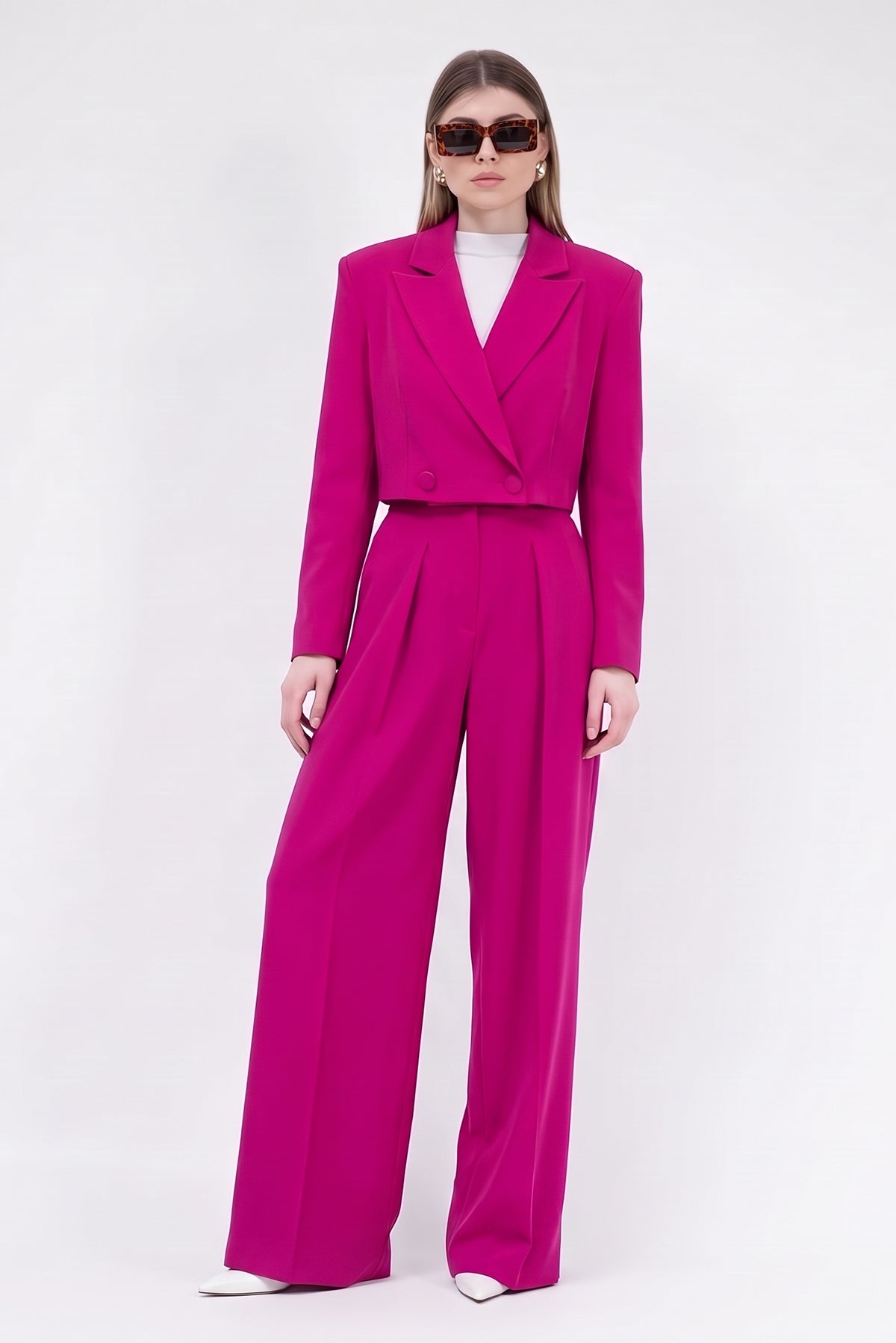Fuchsia Suit With Cropped Blazer And Ultra Wide Leg Trousers