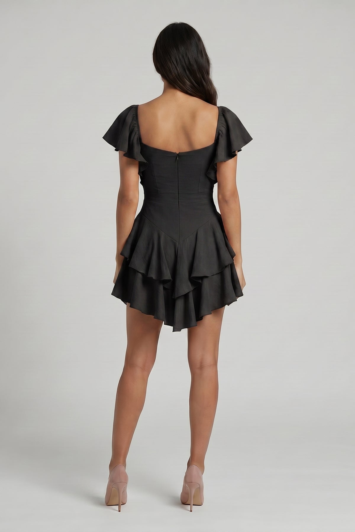 Black Off-The-Shoulders Cambered Dress with Ruffles