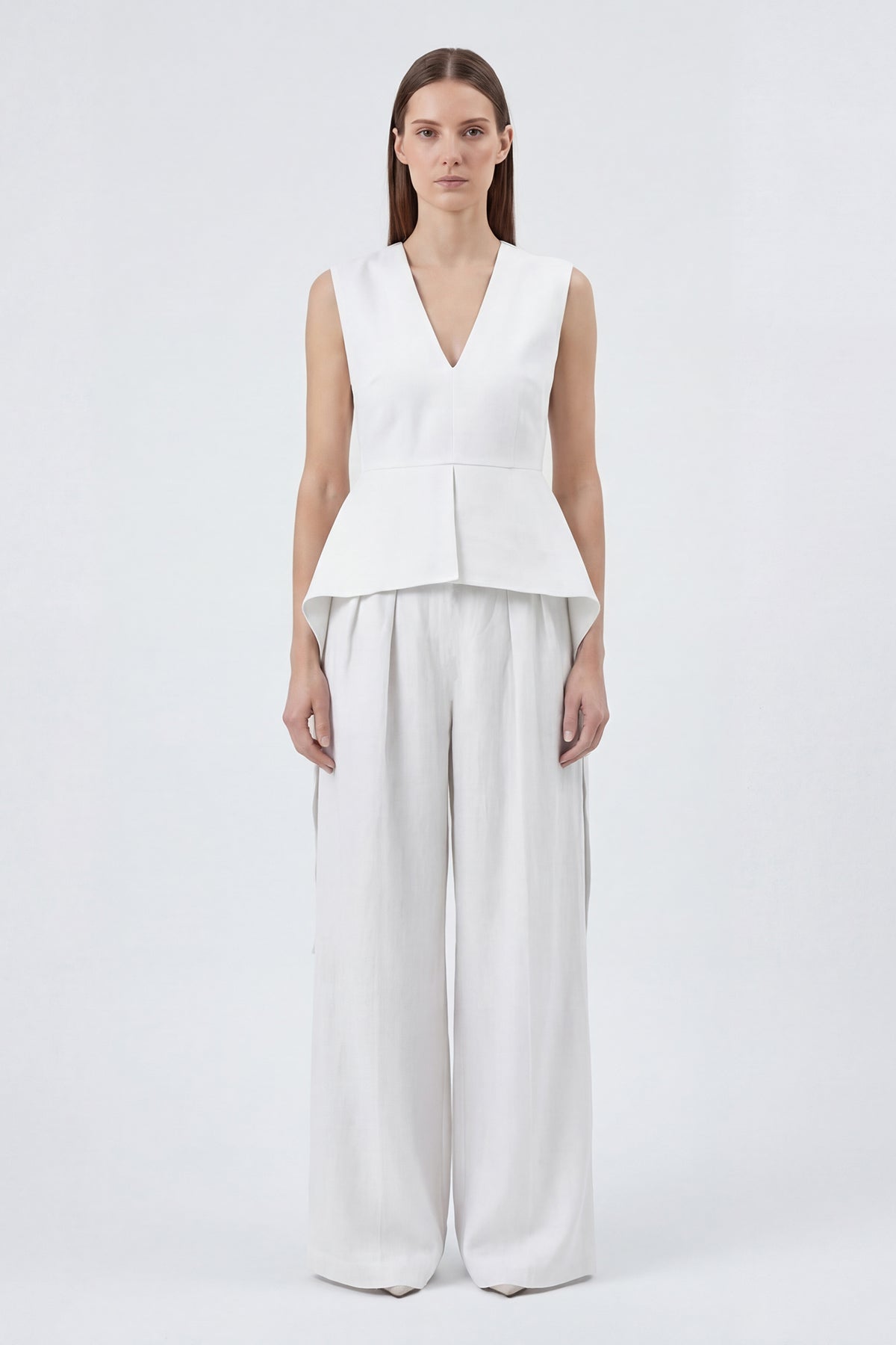 White Linen Peplum Top & Wide-Leg Trousers Set