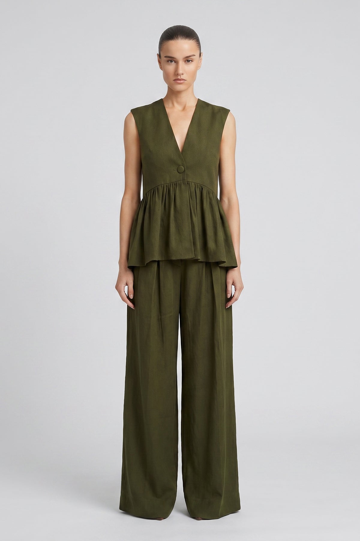 Khaki Linen Set with Gathered Vest and Pleated Wide-Leg Trousers