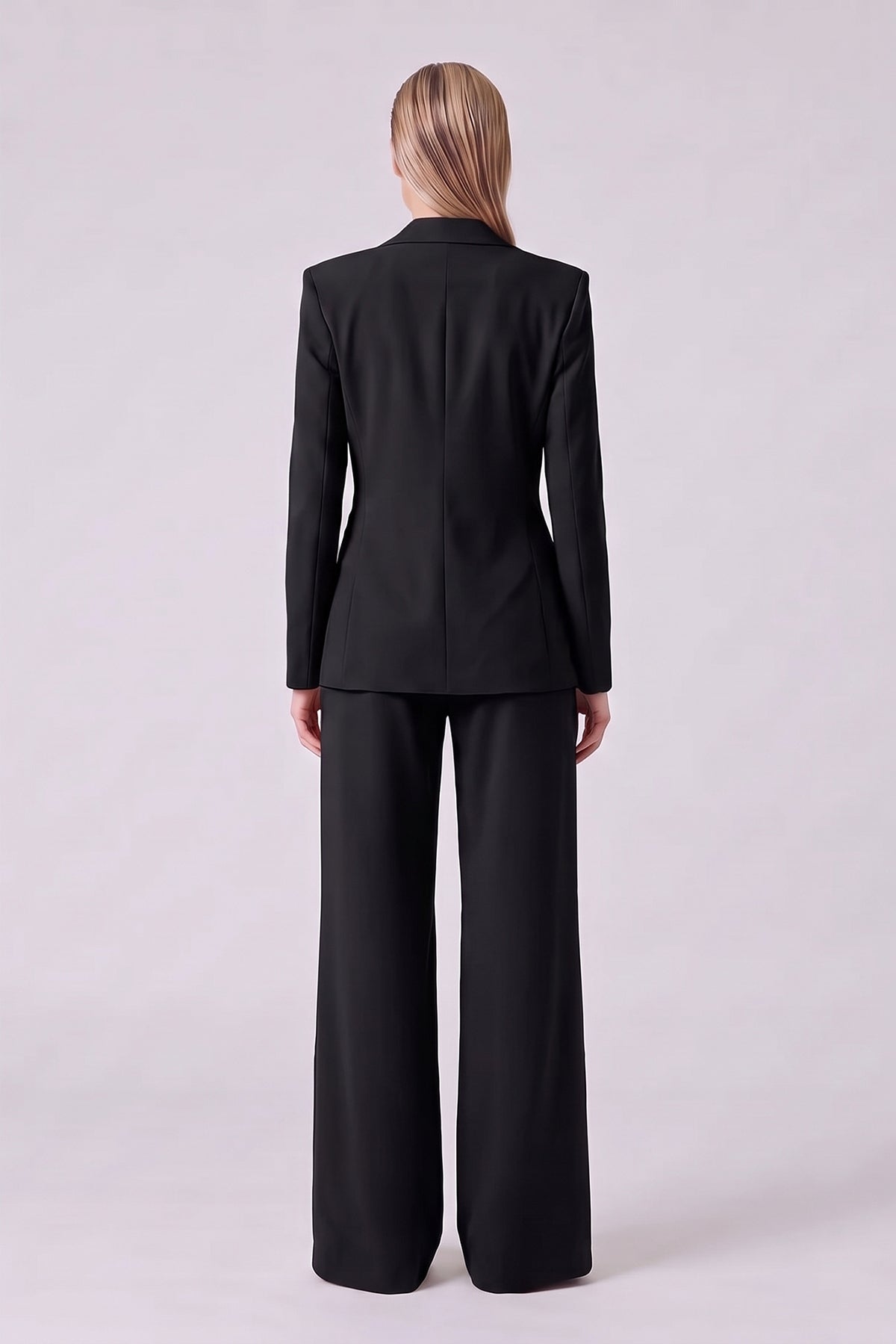Black Suit with Belted Blazer and Wide-Leg Trousers