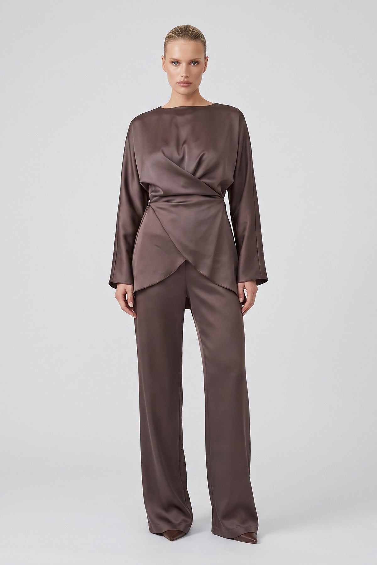 Satin Draped Top & Wide-Leg Trousers Set