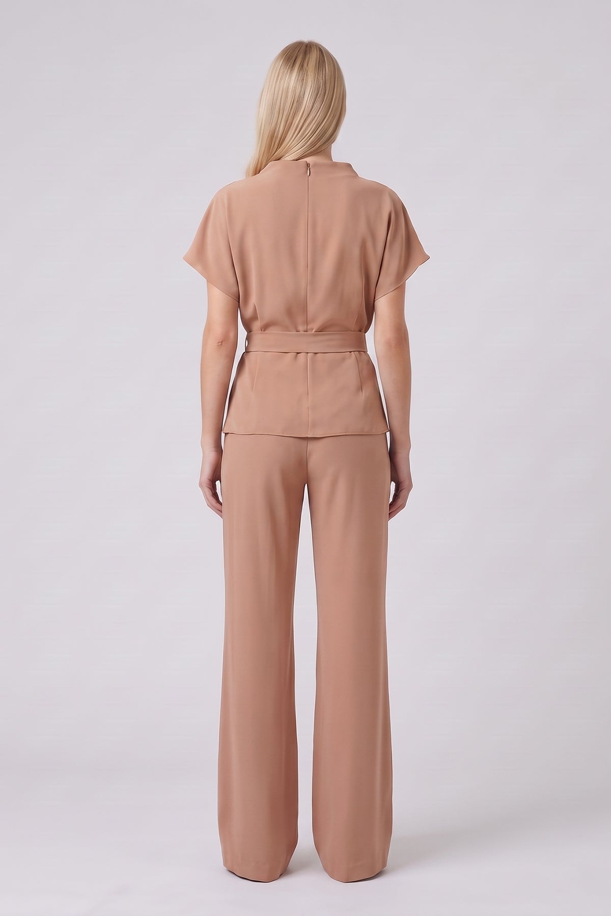 Beige Set with Draped Top, Defined Waist and Wide-Leg Trousers