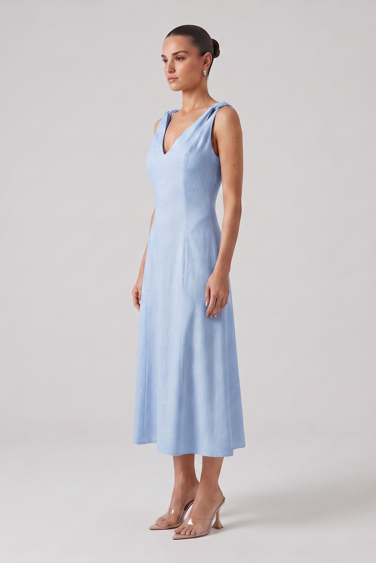 Ocean Blue Linen Midi Dress with V-Neck and Knotted Straps
