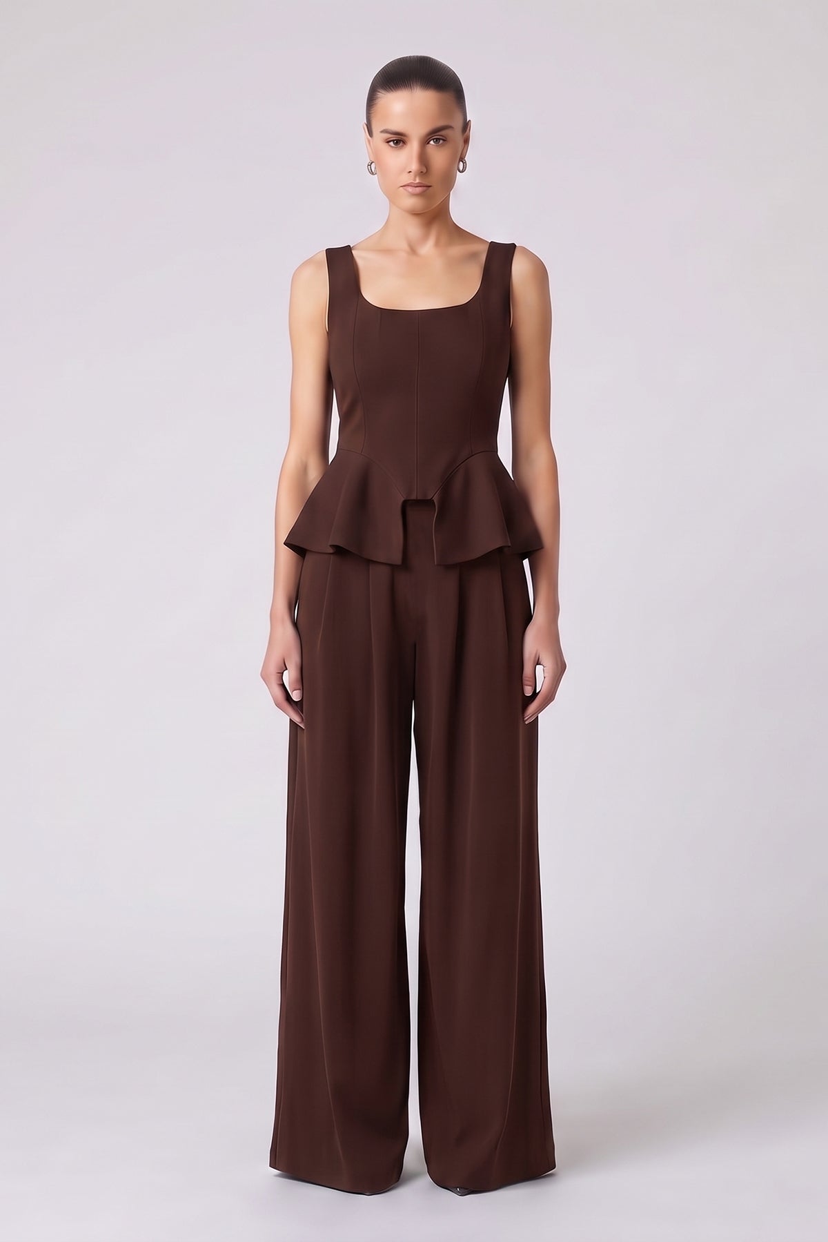 Set Maro Ciocolatiu cu Corset Peplum și Pantaloni Wide Leg