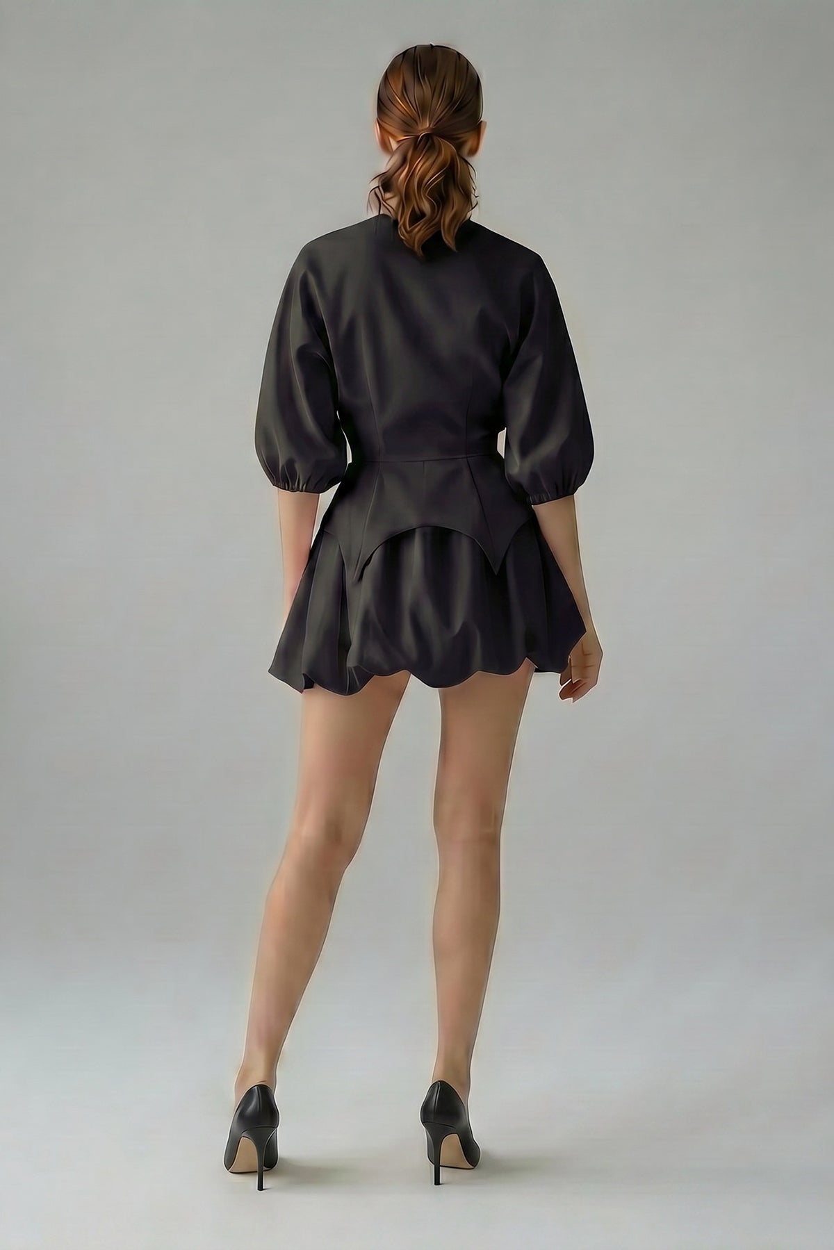 Black set with structured top and balloon mini skirt
