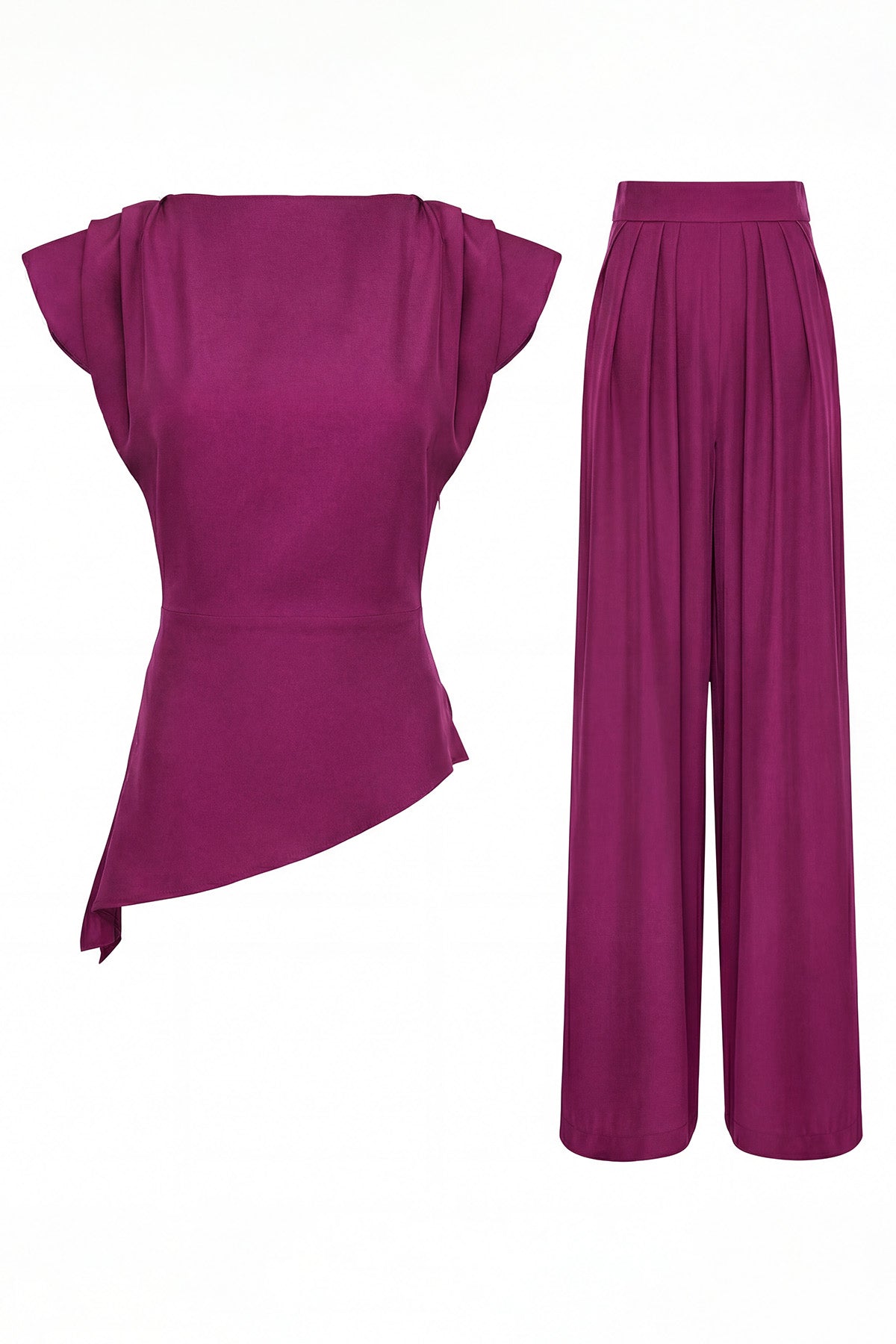 Set elegant fucsia din crep de vâscoză fluidă cu top cu umeri structurați și pantaloni palazzo