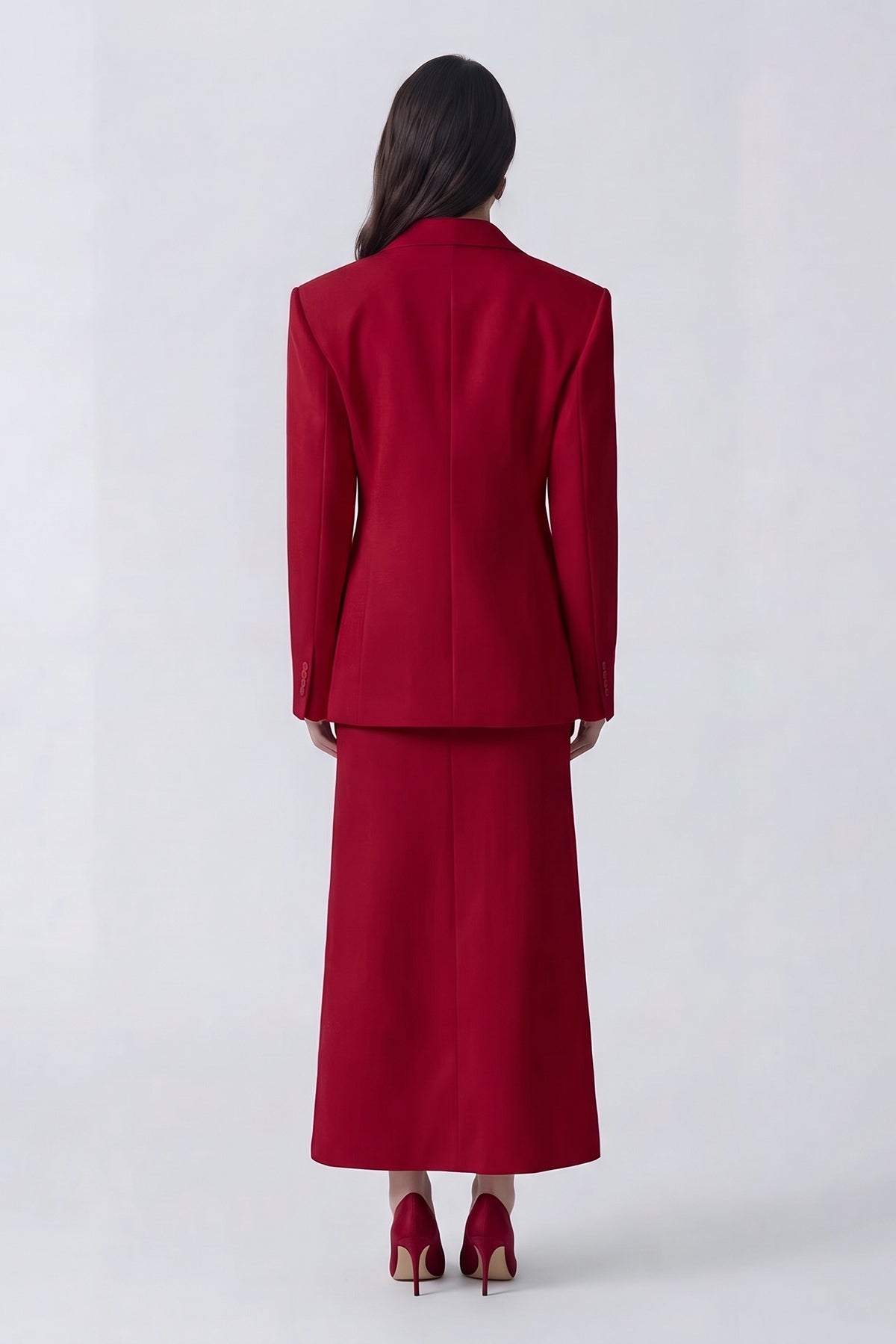 Red Suit With Tailored Blazer And Midi Skirt