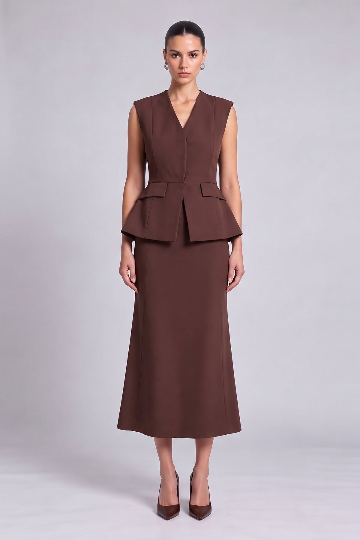 Set maro cu vestă structurată peplum și fustă midi A-line