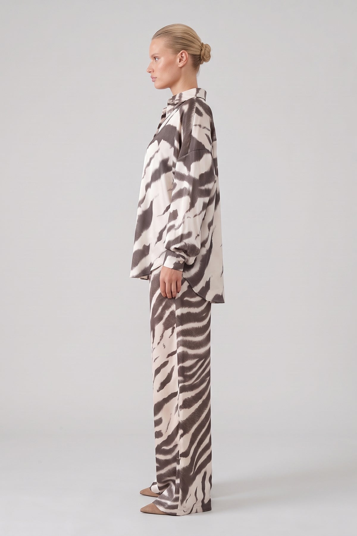 Ivory & Taupe Zebra Print Satin Set – Shirt & Wide Leg Pants