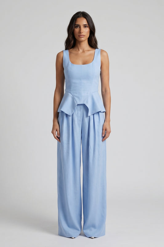 Ocean Blue Linen-Style Set with Wide Legs