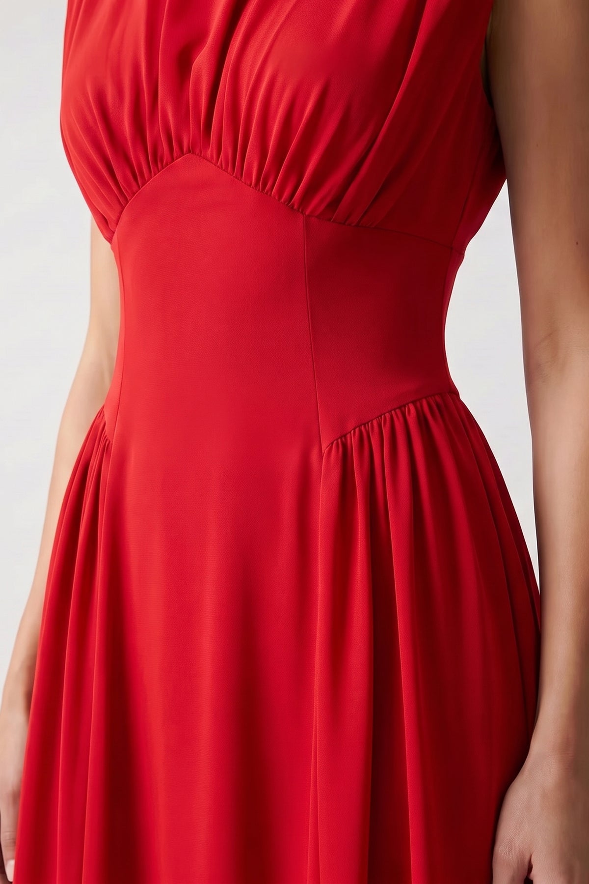 Red midi dress with corset-style waist in fluid viscose fabric