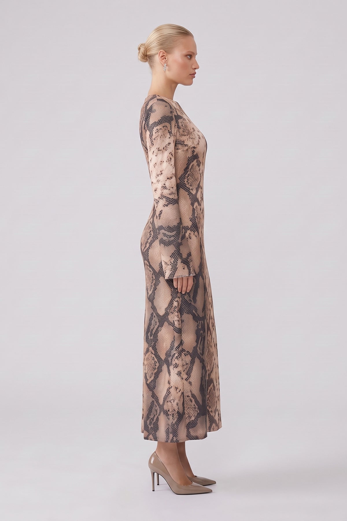 Snake Print Midi Dress with Flared Sleeves