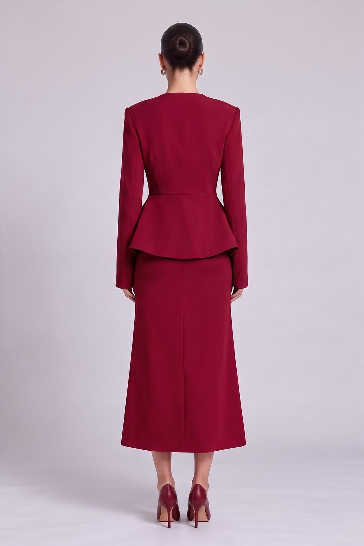 Red Set with Structured Peplum Blazer and A-Line Midi Skirt