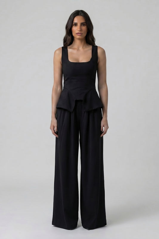 Black Linen-Style Set with Wide Legs