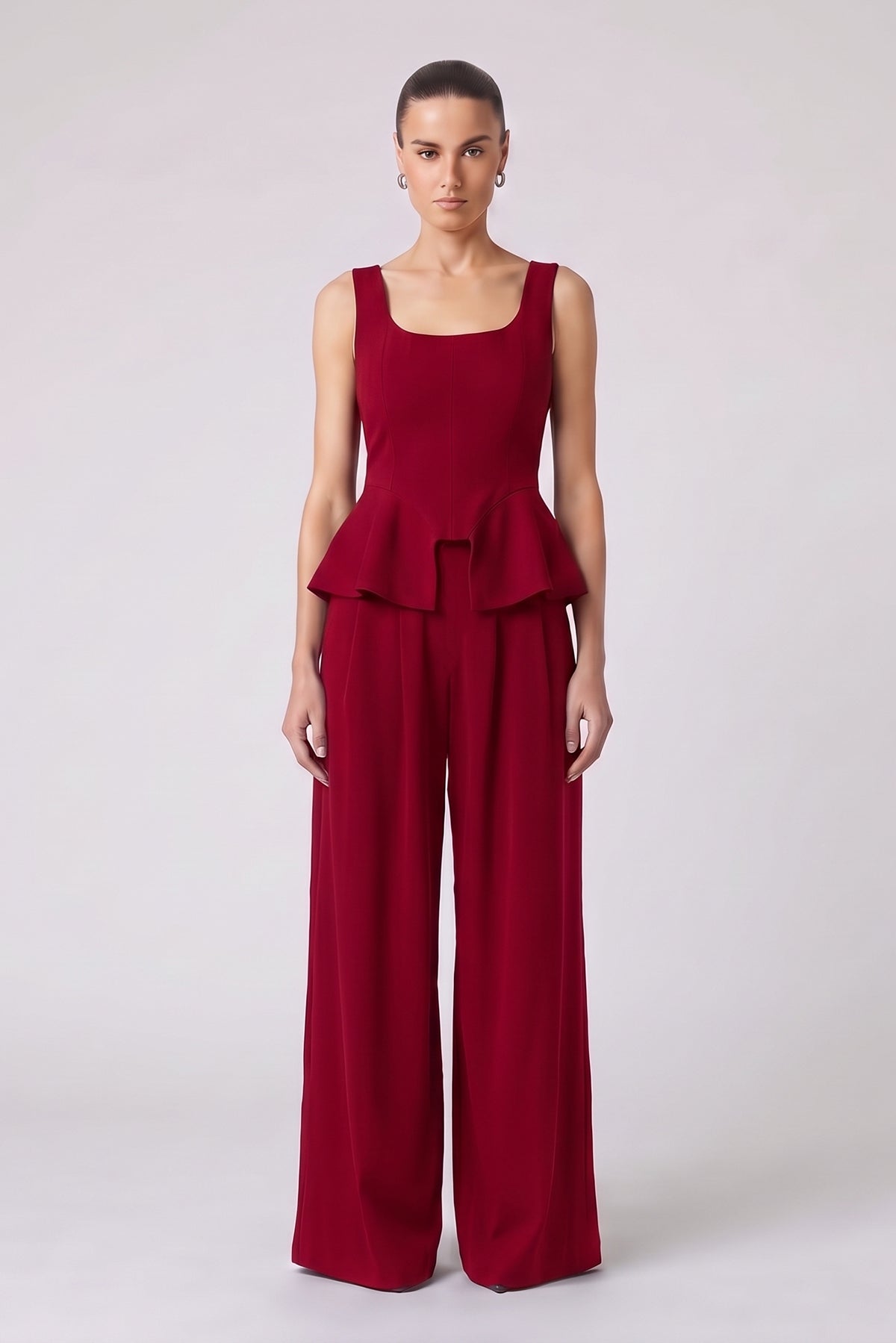 Set Burgundy cu Corset Peplum și Pantaloni Wide Leg