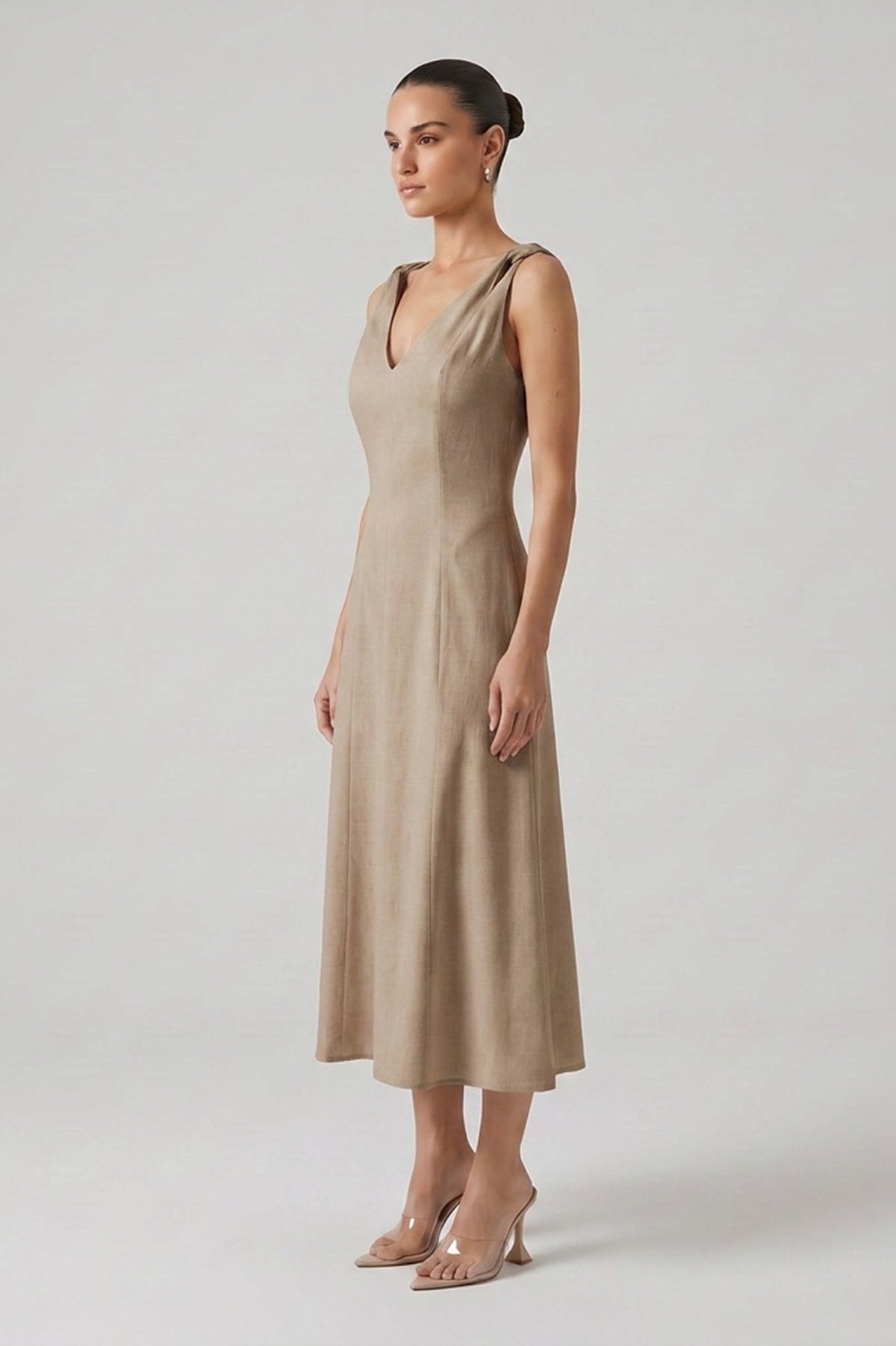 Beige Linen Midi Dress with V-Neck and Knotted Straps