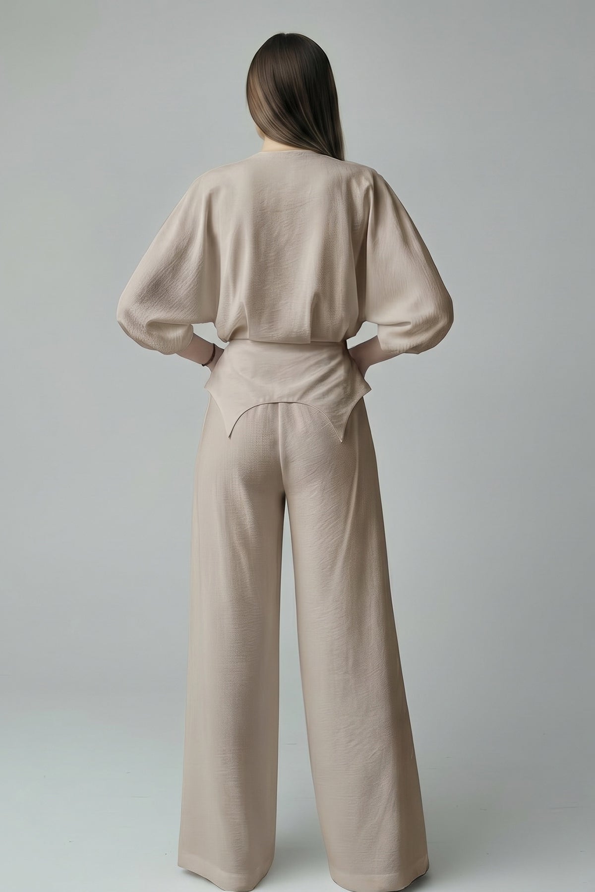 Beige set with structured top and wide-leg trousers