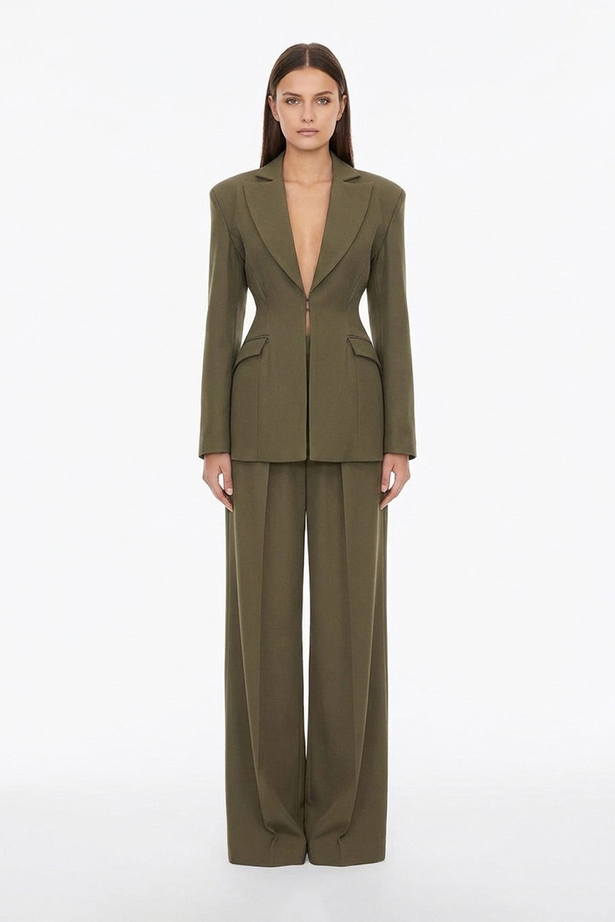 Costum khaki cu sacou balloon cambrat și pantaloni wide leg