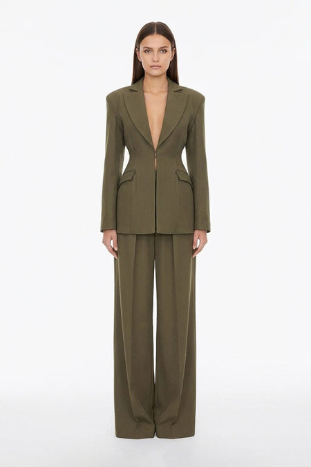 Costum khaki cu sacou balloon cambrat și pantaloni wide leg