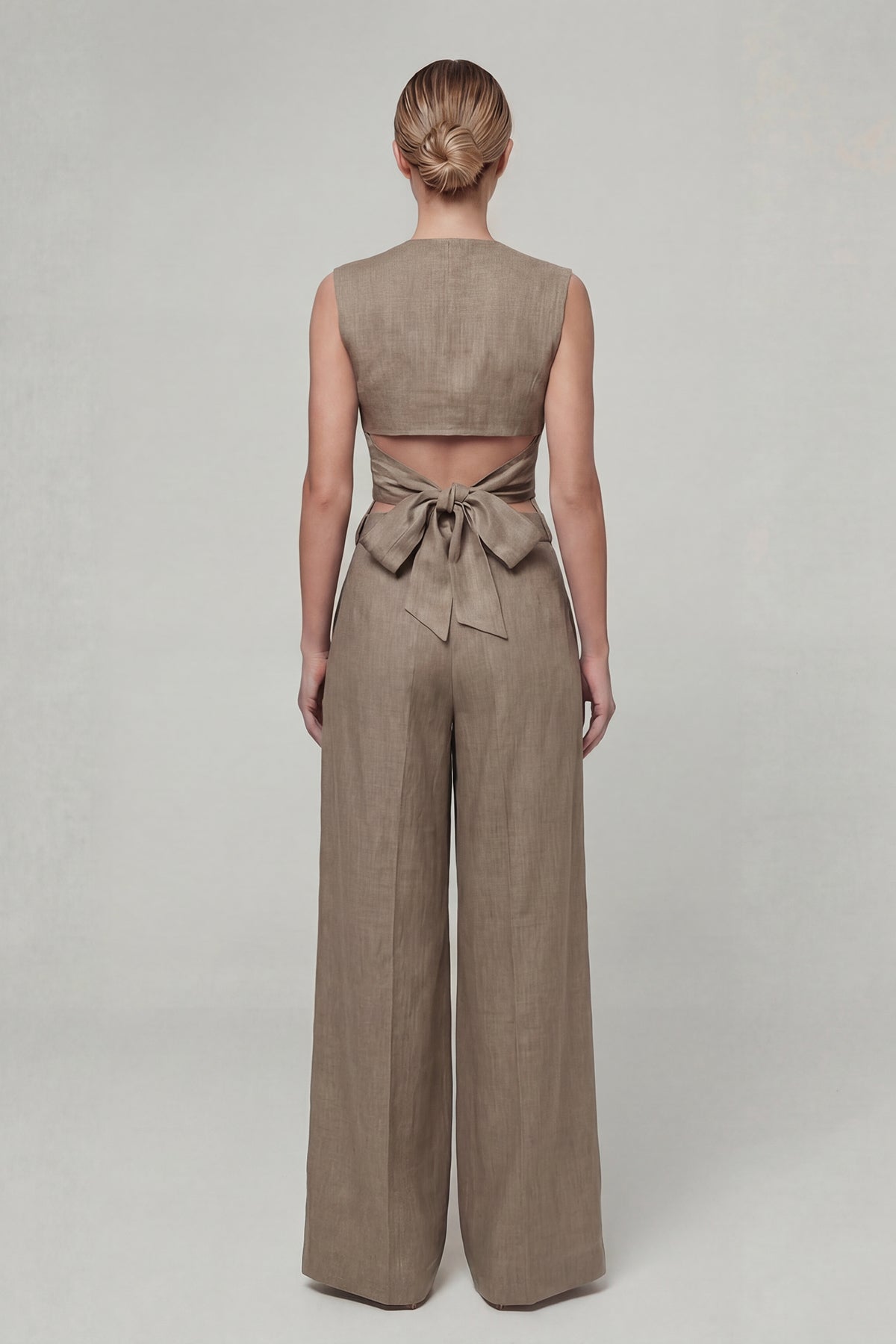 Grey Linen Set with Fitted Vest and Wide-Leg Trousers