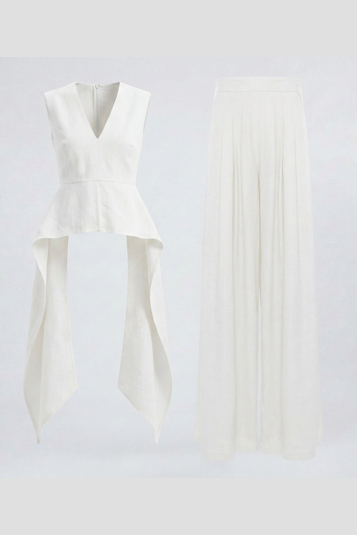 White Linen Peplum Top & Wide-Leg Trousers Set