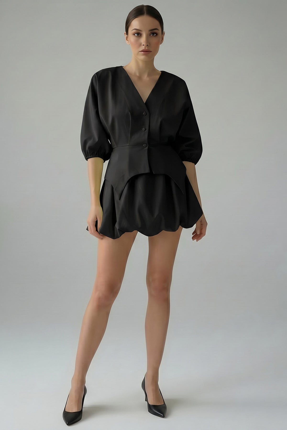 Black set with structured top and balloon mini skirt