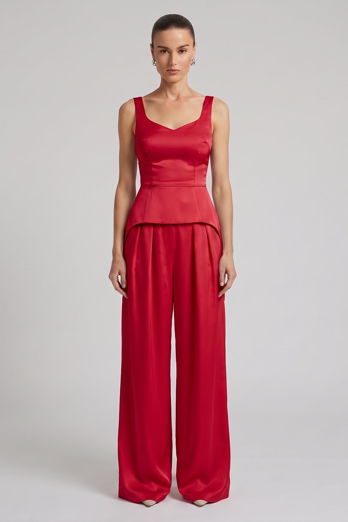 Red Elegant Satin Set with Corset and Wide-Leg Trousers