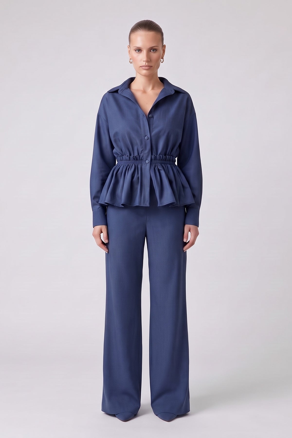 Set albastru inchis din denim cu cămașă peplum și pantaloni wide leg