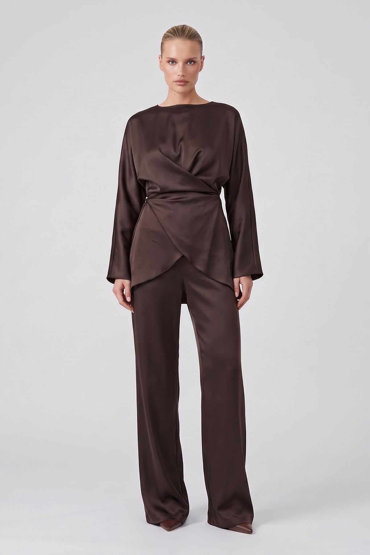 Brown Satin Draped Top & Wide-Leg Trousers Set