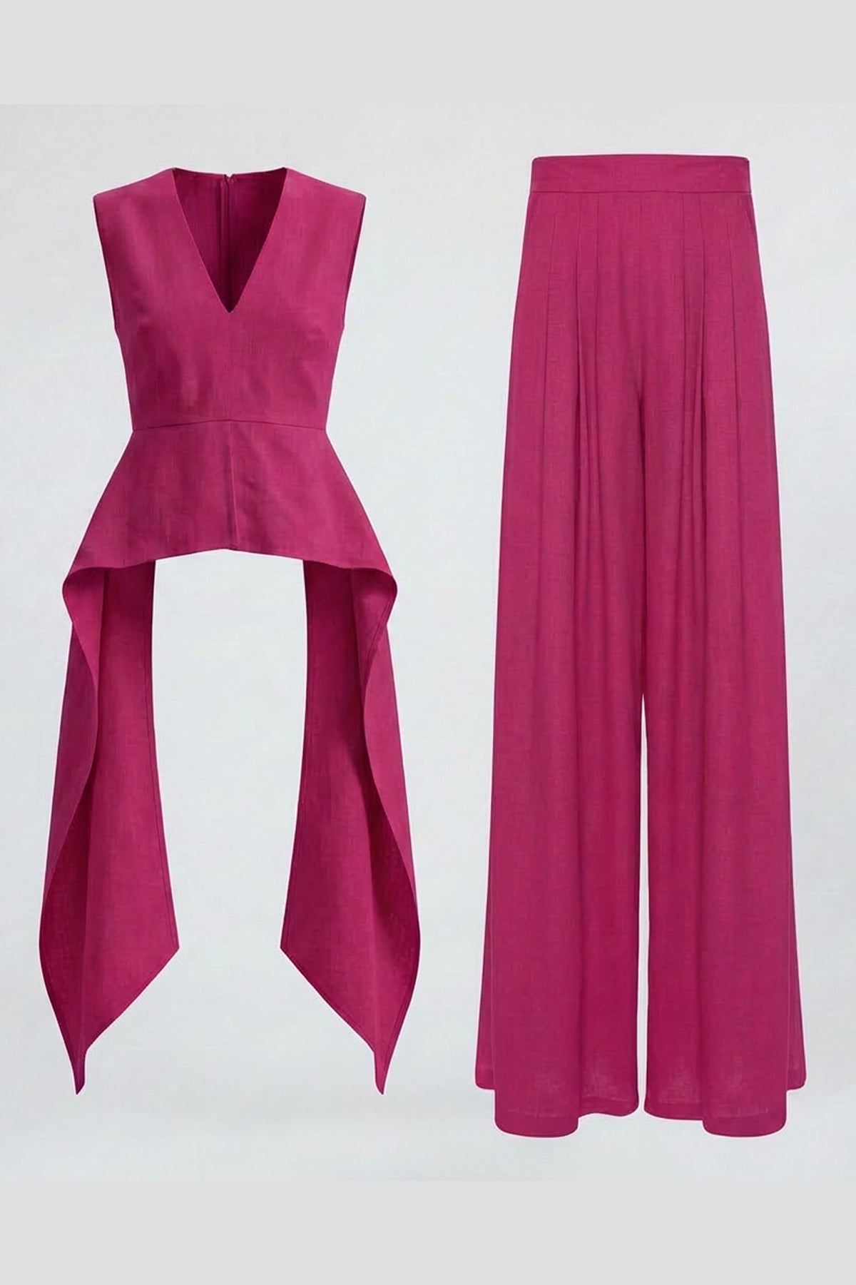 Fuchsia Linen Peplum Top & Wide-Leg Trousers Set